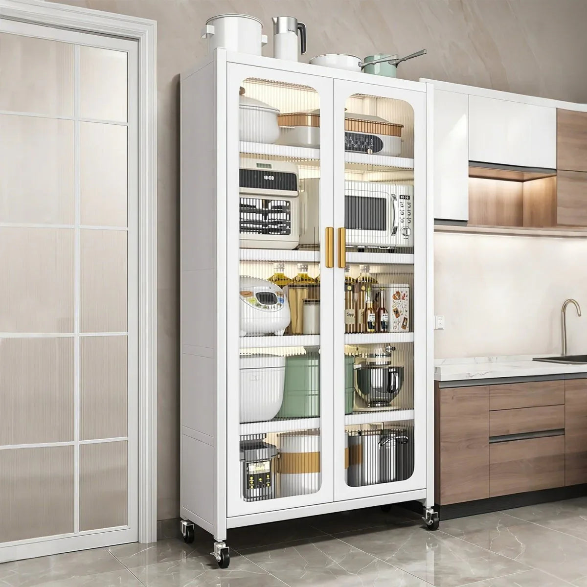 White Metal 6-Tier Storage Cabinet With Transparent Doors - Omega Lifestyles