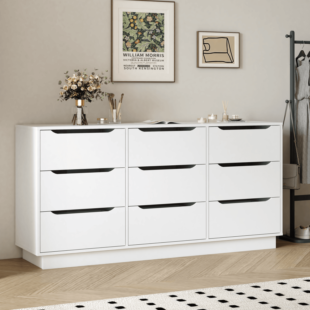 White Modern 9 - Drawer Spacious Storage Dresser - Calmora - Omega Lifestyles
