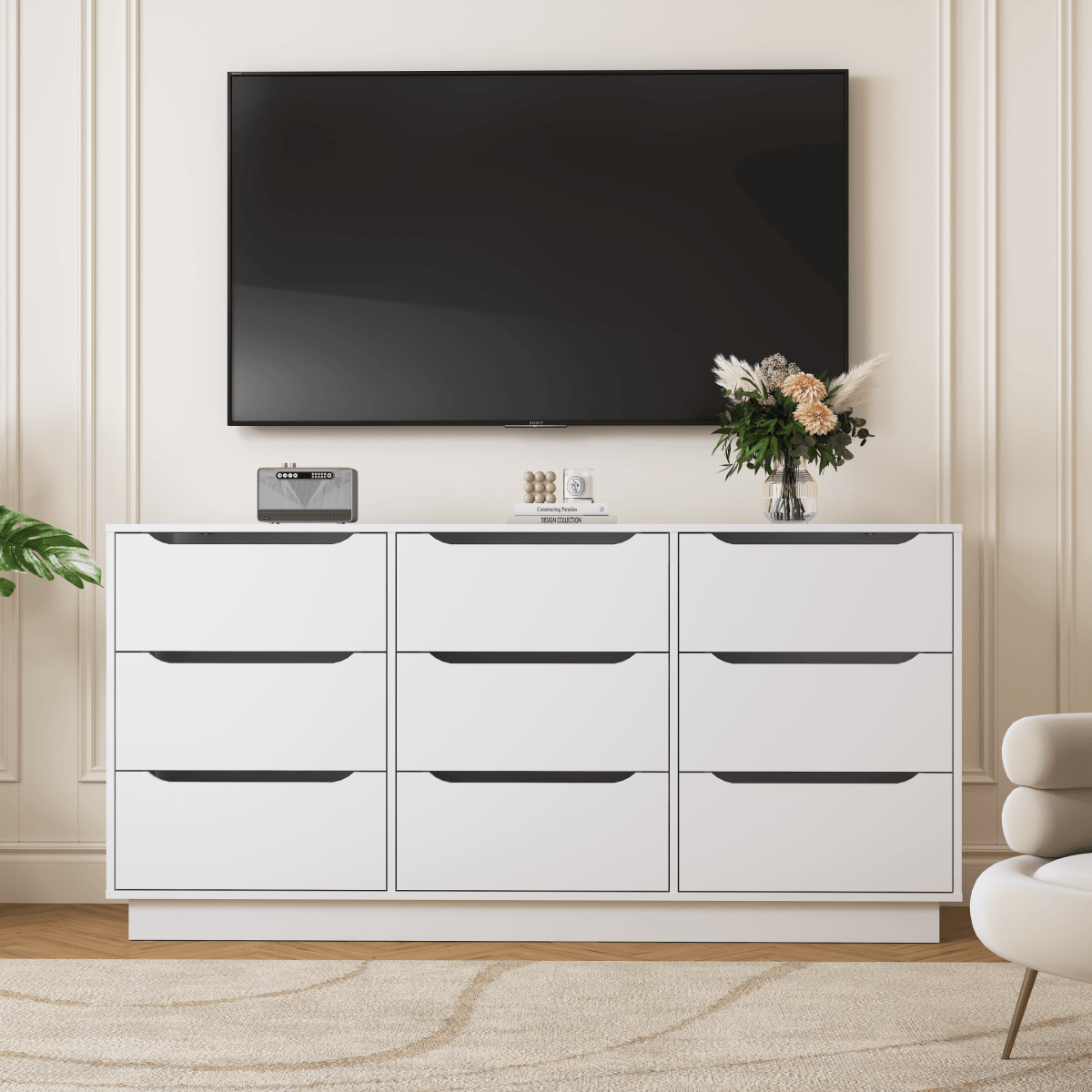 White Modern 9 - Drawer Spacious Storage Dresser - Calmora - Omega Lifestyles