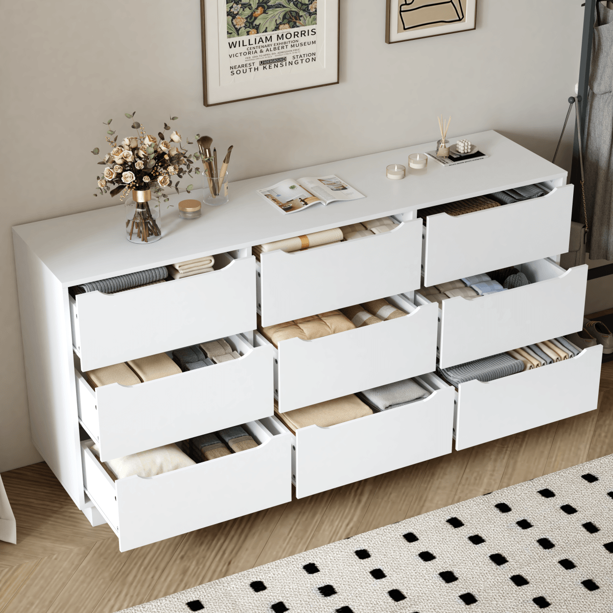 White Modern 9 - Drawer Spacious Storage Dresser - Calmora - Omega Lifestyles