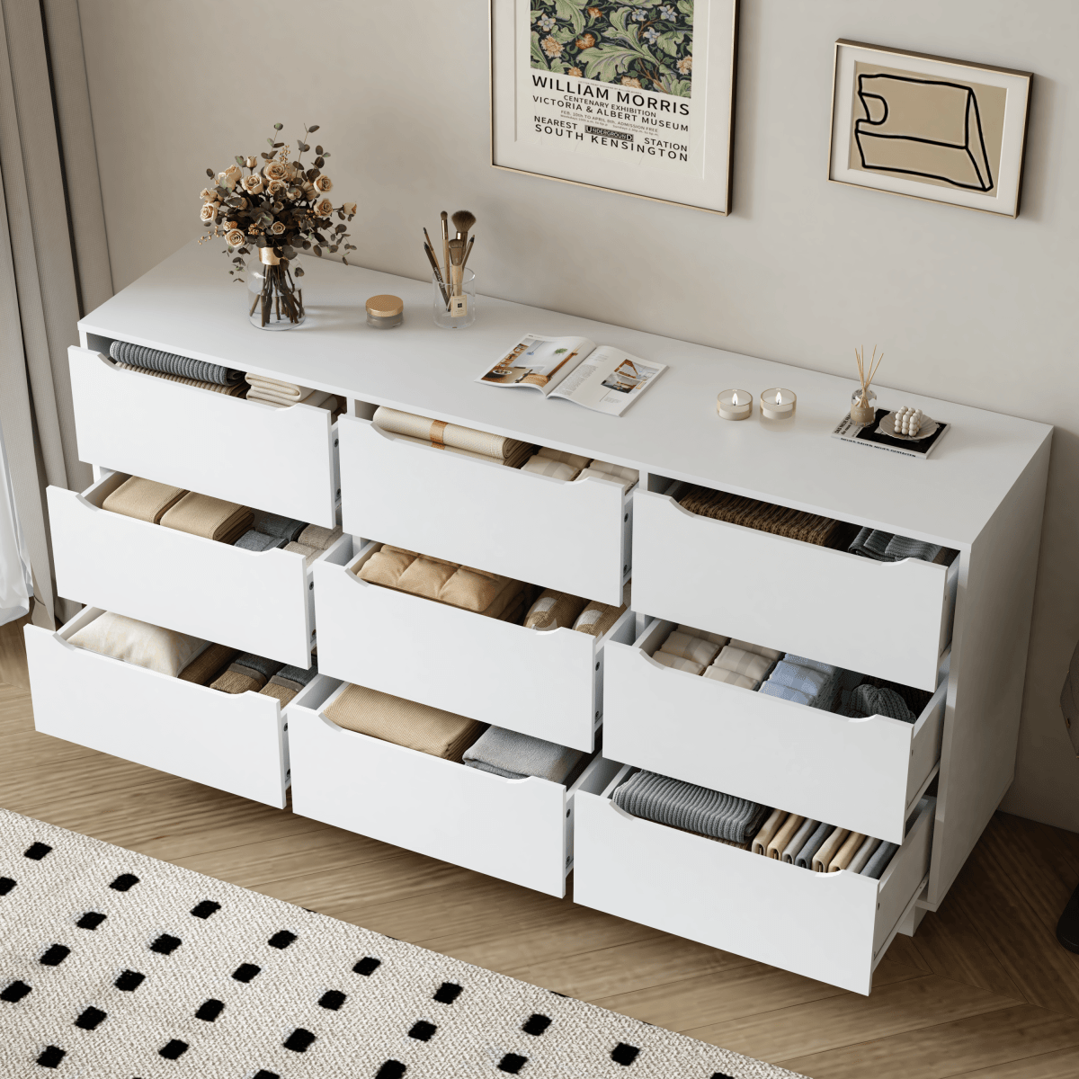 White Modern 9 - Drawer Spacious Storage Dresser - Calmora - Omega Lifestyles