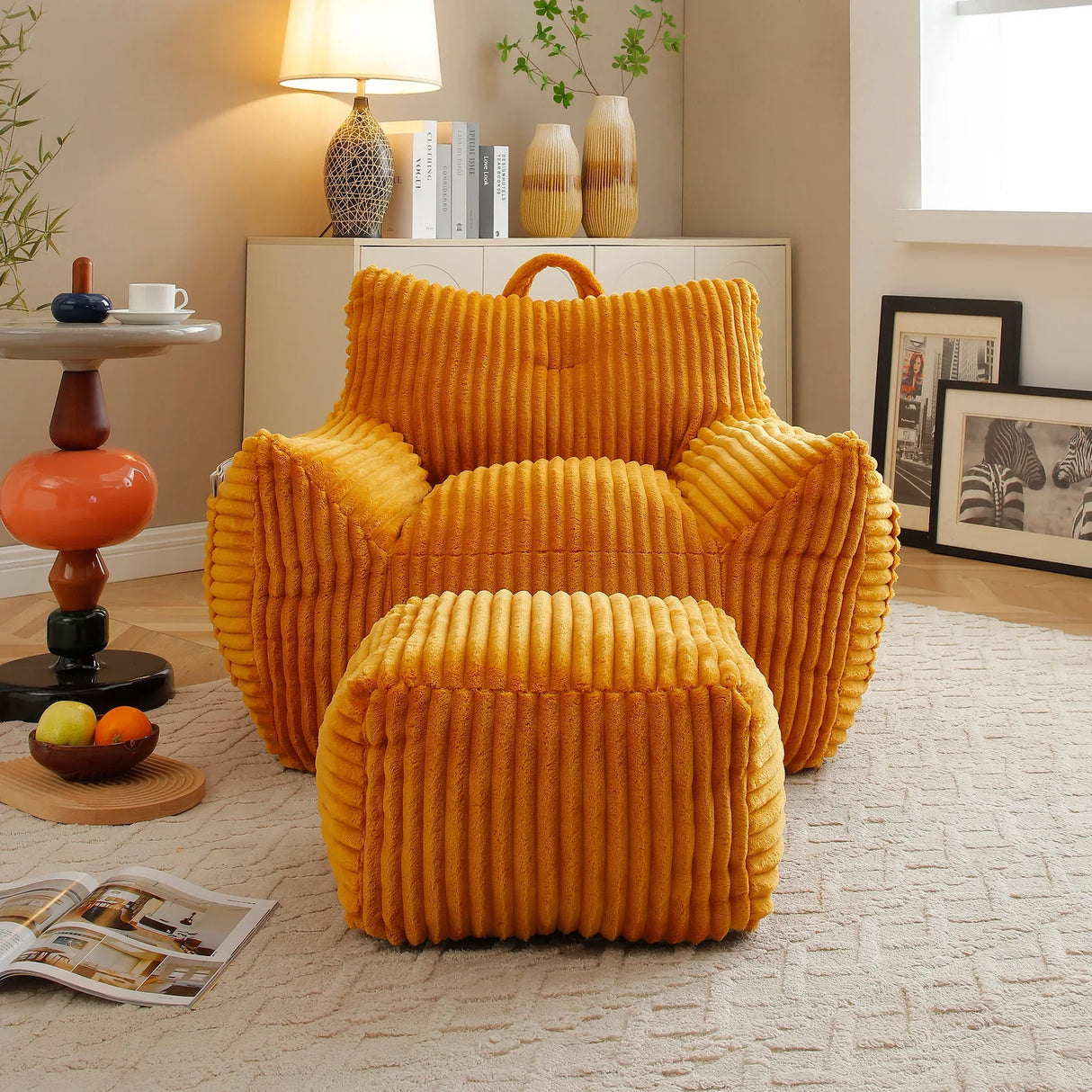 Giant Corduroy Bean Bag Chair With Armrests And Footstool - Omega Lifestyles