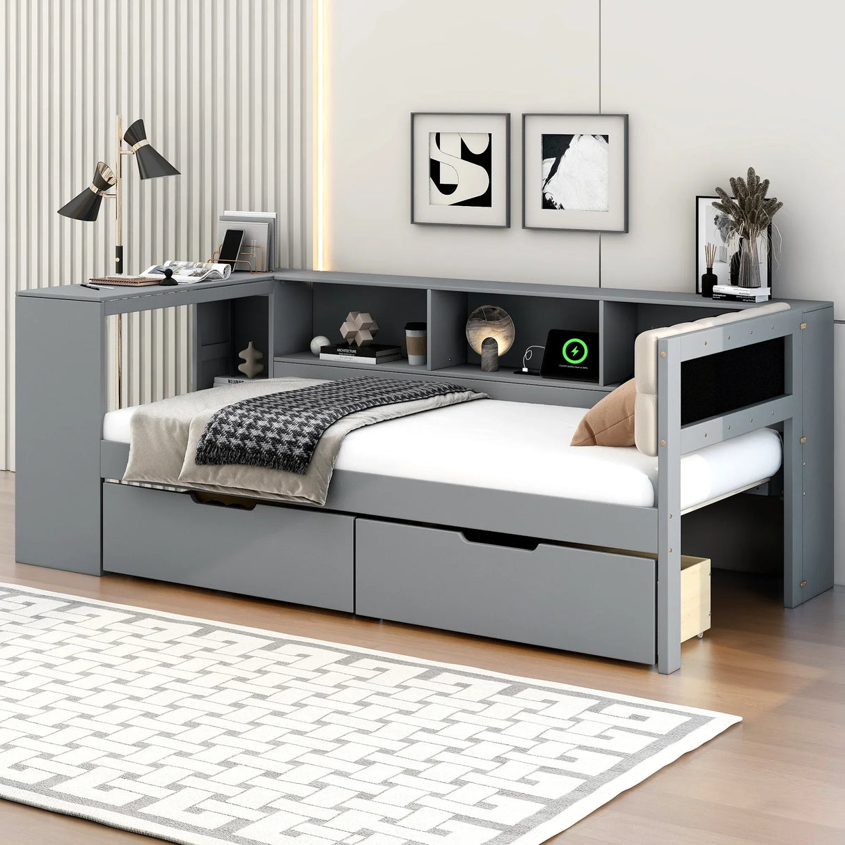 Twin Wood Platform Bed With Upholstered Headboard And Storage - Omega Lifestyles