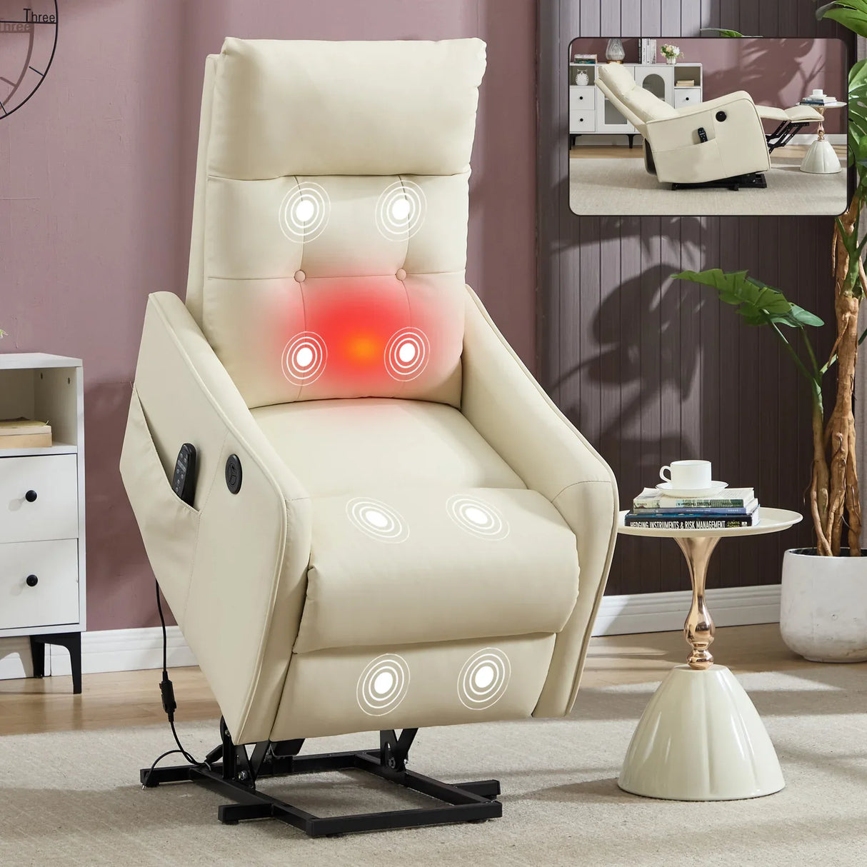 Beige Faux Leather Power Lift Recliner Chair With Massage Heat - Omega Lifestyles