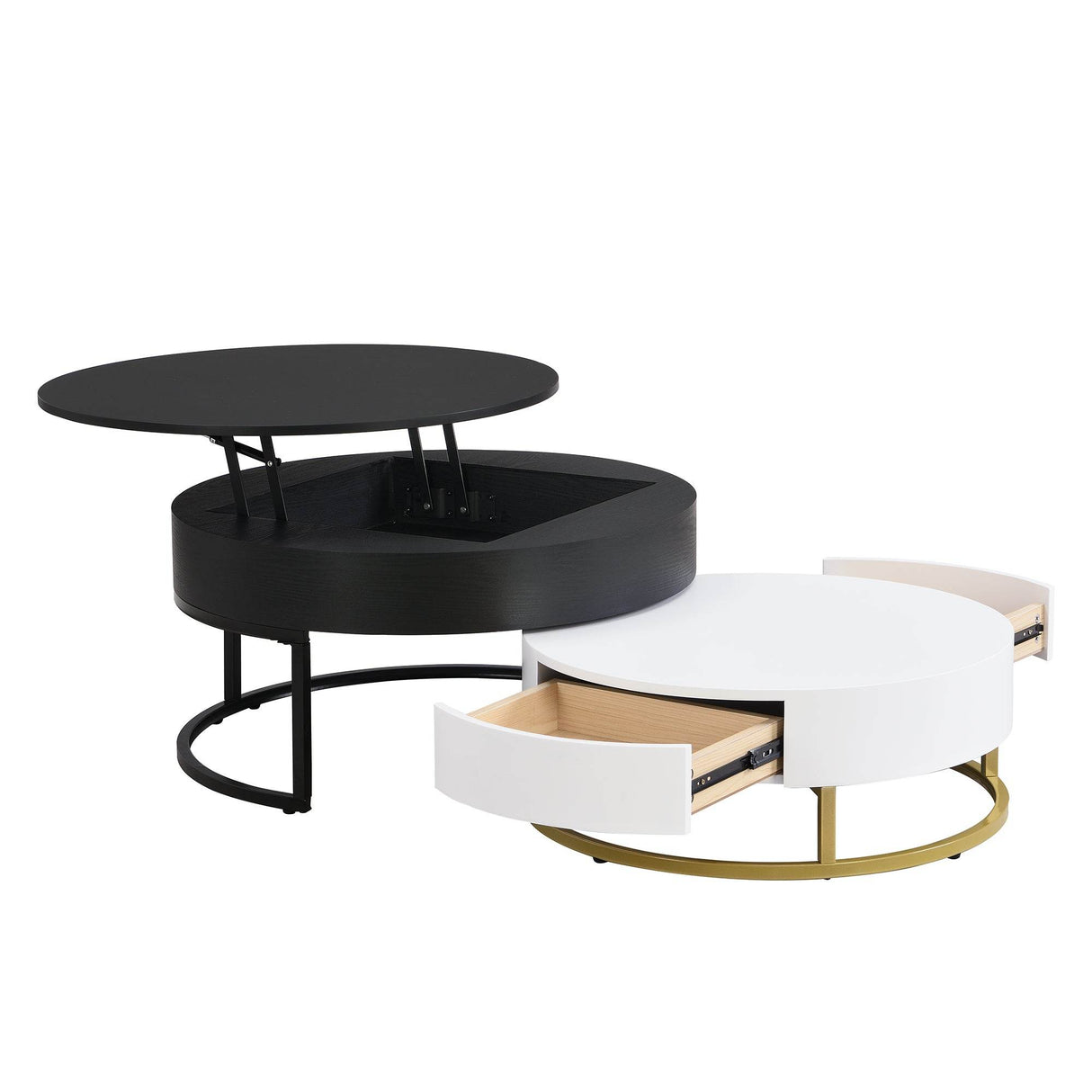 Modern Round Lift-Top Nesting Coffee Tables With Drawers - Sleep Galleria