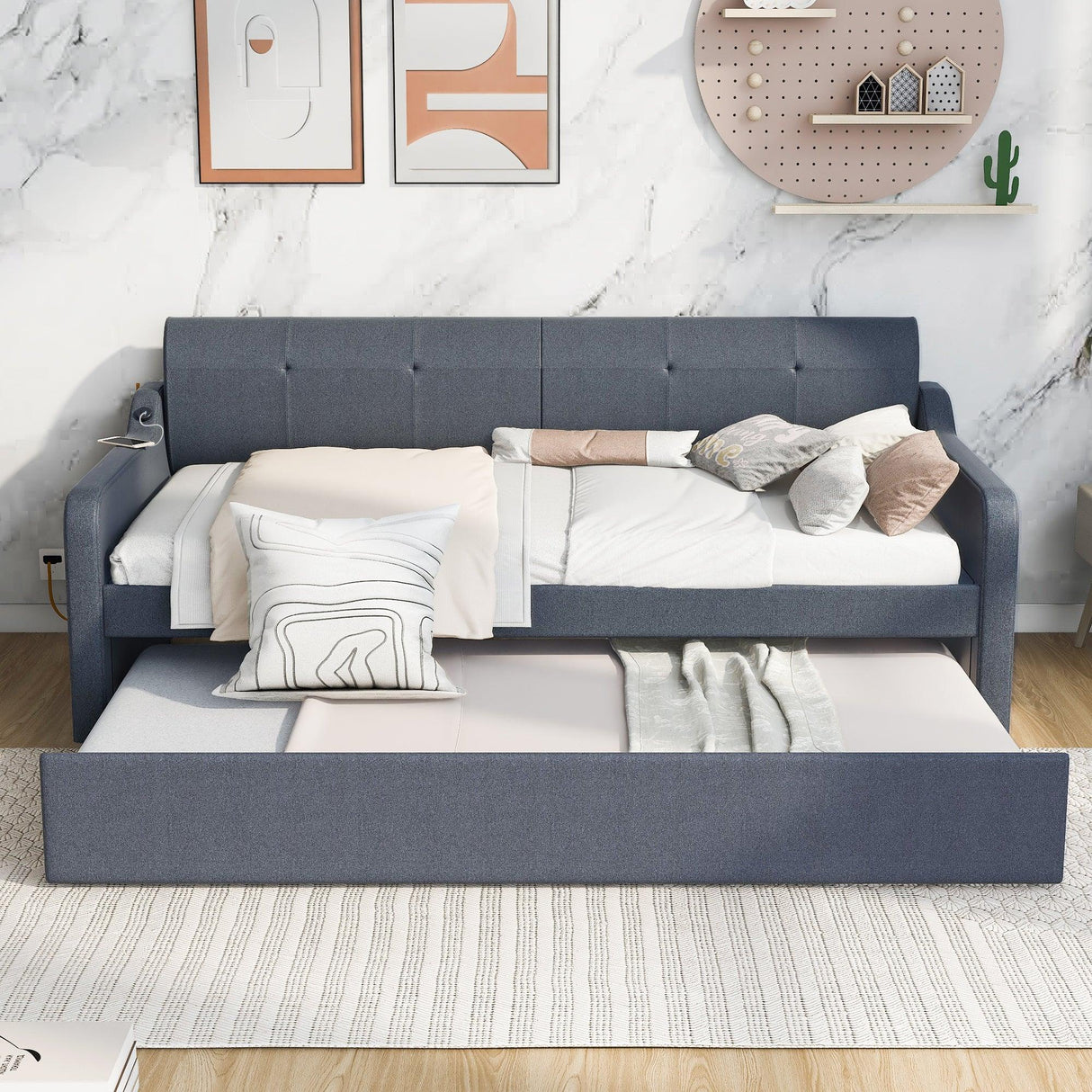 Twin Upholstered Daybed With Trundle And USB Charging - Omega Lifestyles