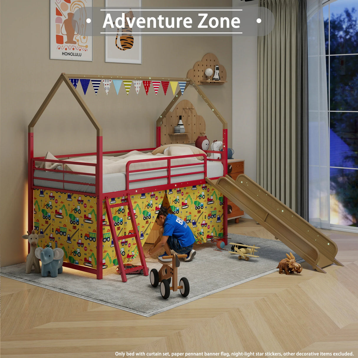 Twin Metal Junior House Loft Bed With Slide And Curtain - Omega Lifestyles