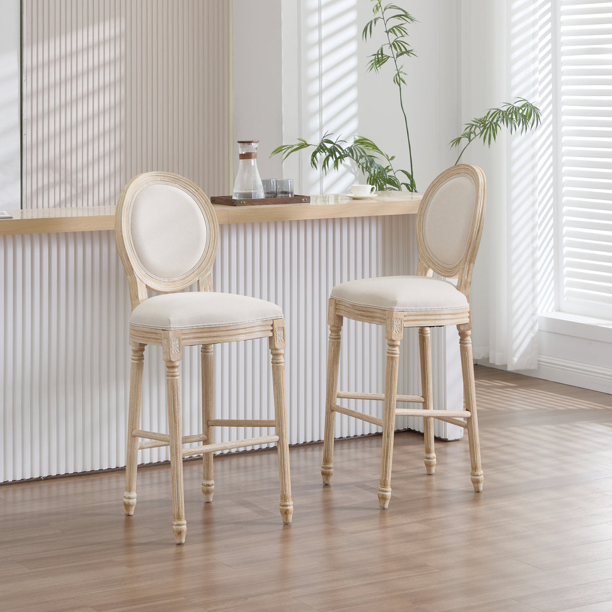 Set of 2 French Country Solid Wood Upholstered Bar Chairs