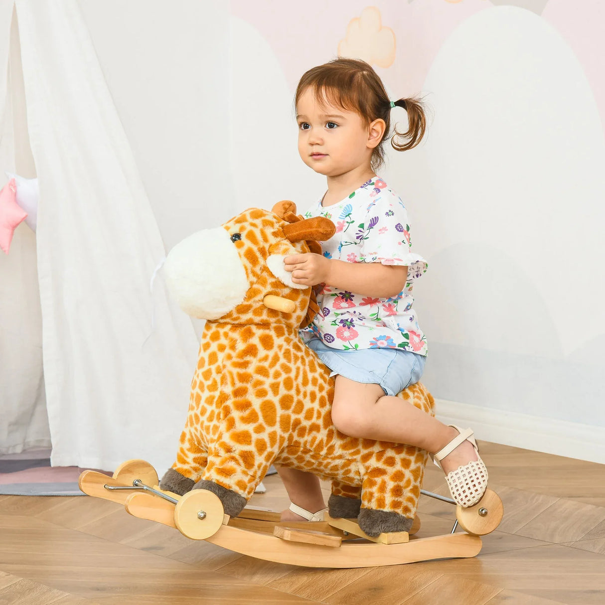 Kids Plush Giraffe Ride-On Rocking Horse Toy With Sounds - Omega Lifestyles
