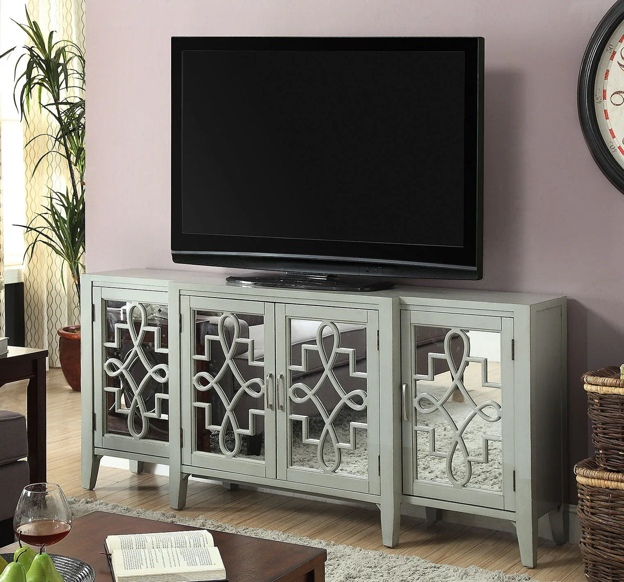 Antique Gray Mirrored Four-Door Storage Console Cabinet - Omega Lifestyles