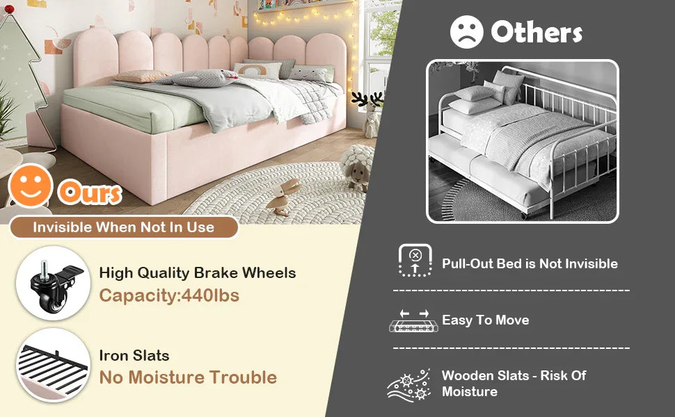 Pink Velvet Twin Daybed With Pull-Out Trundle Bed - Omega Lifestyles