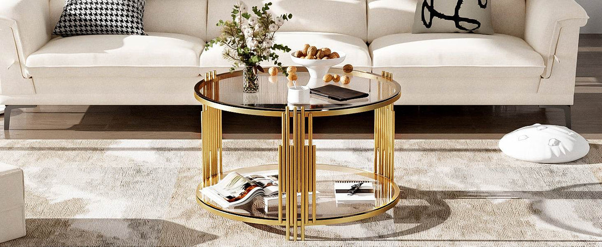 Modern Round Tempered Glass Coffee Table With Shelf - Sleep Galleria