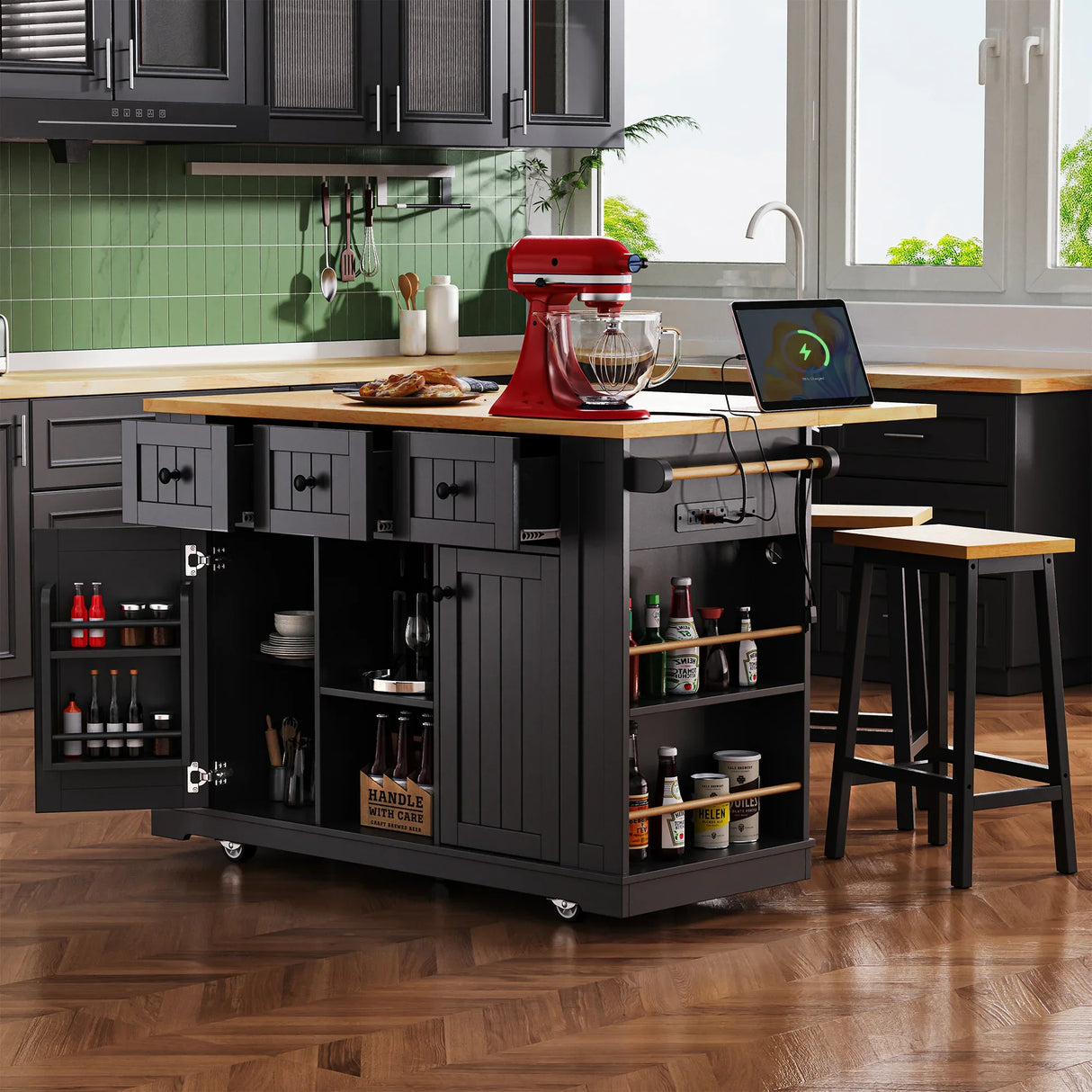 Large Kitchen Island Cart With Drop Leaf And Power Outlet - Omega Lifestyles