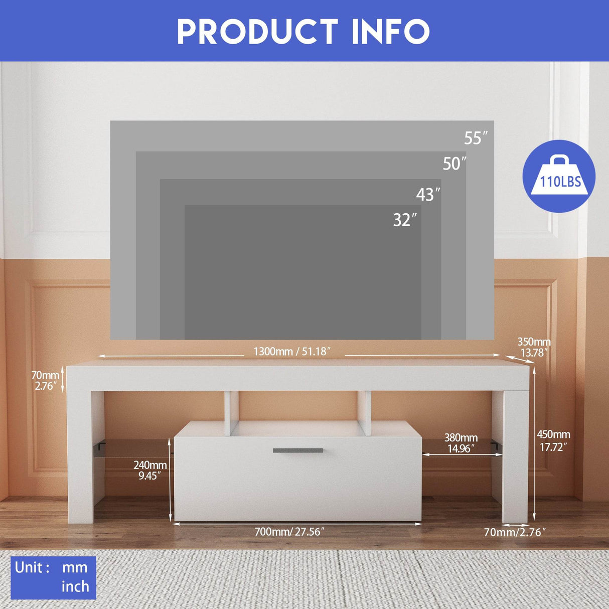 Modern White LED Backlit Particle Board TV Console - Sleep Galleria