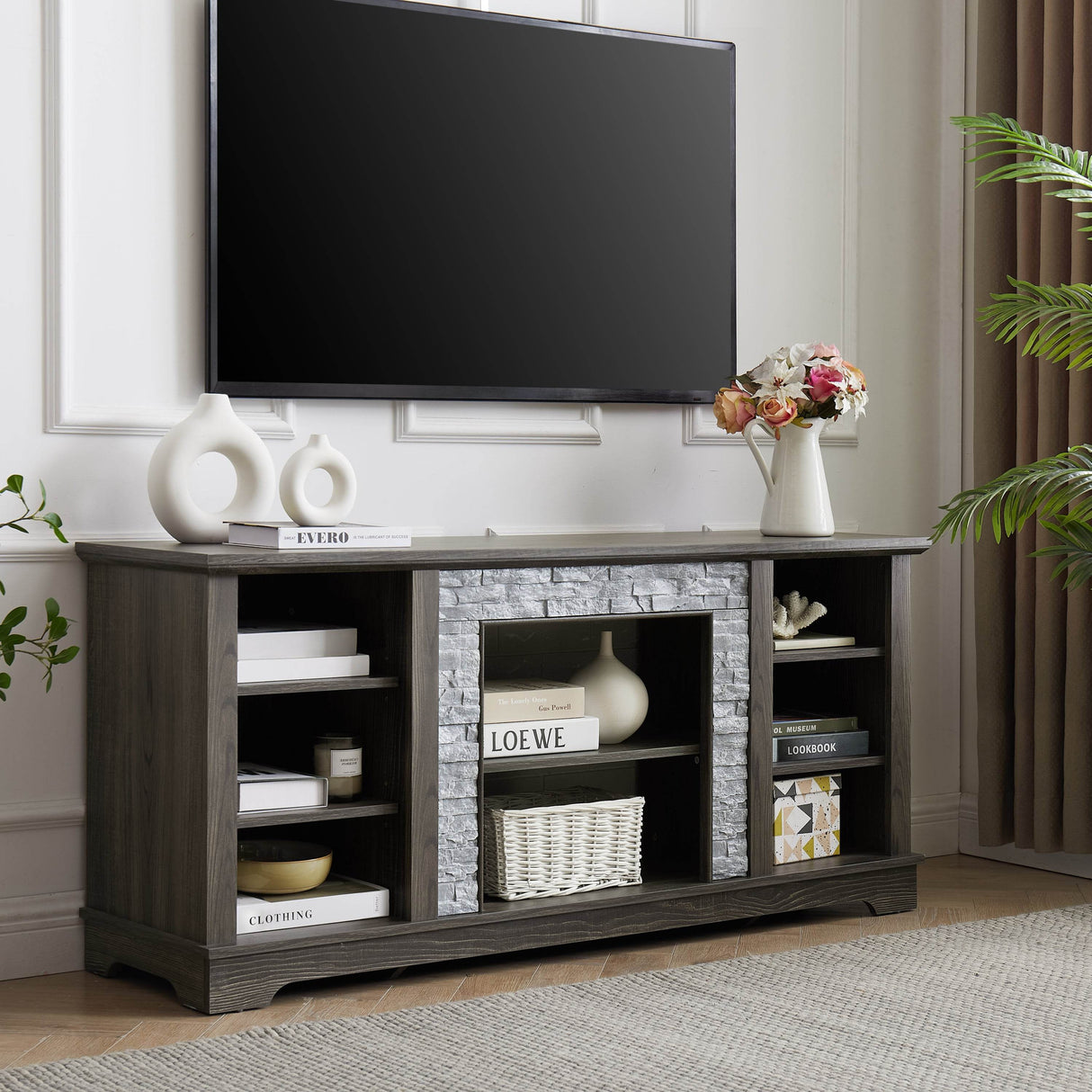 Grey Faux Stacked Stone MDF TV Media Stand Console - Sleep Galleria