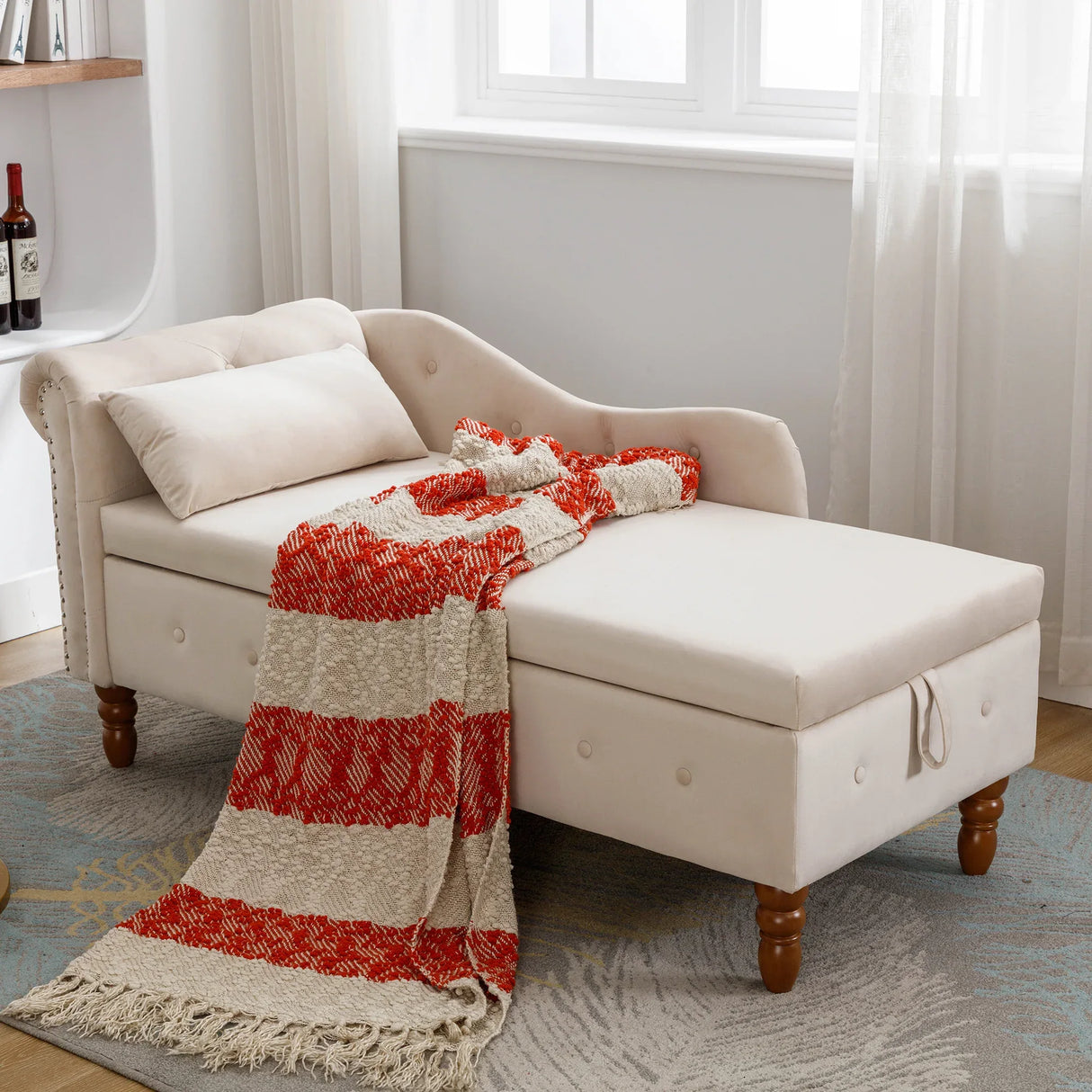 Beige Velvet Classic Storage Chaise Lounge Chair - Omega Lifestyles