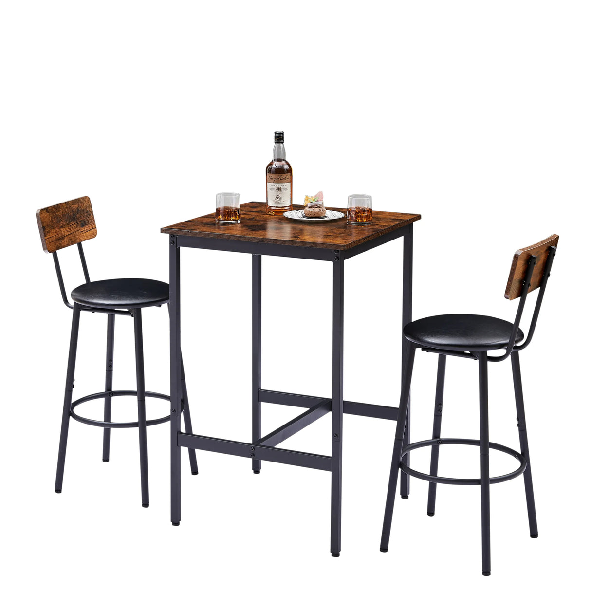 Rustic Brown Bar Table Set With 2 PU Upholstered Stools - Omega Lifestyles