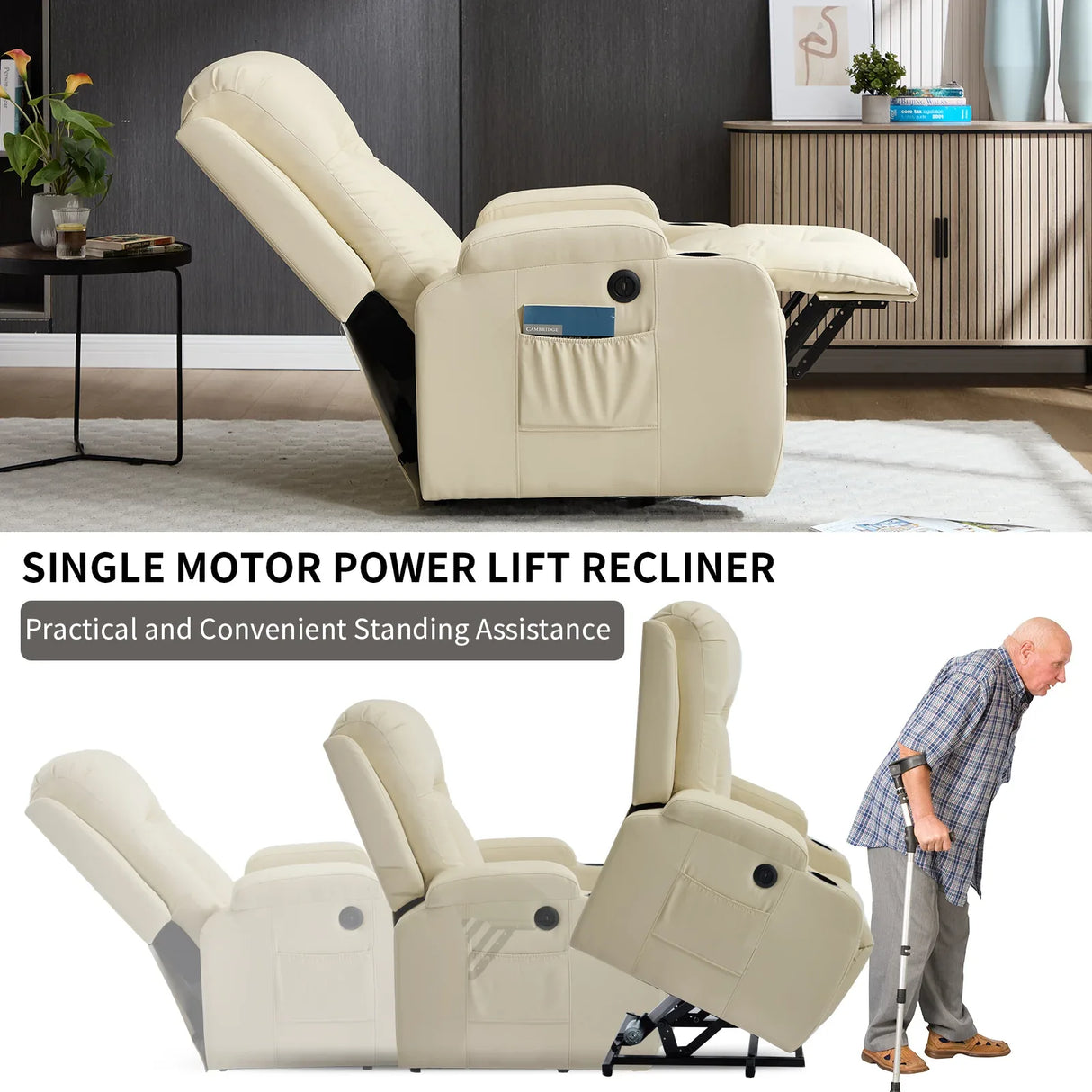 Beige PU Leather Power Lift Massage Recliner Chair - Omega Lifestyles