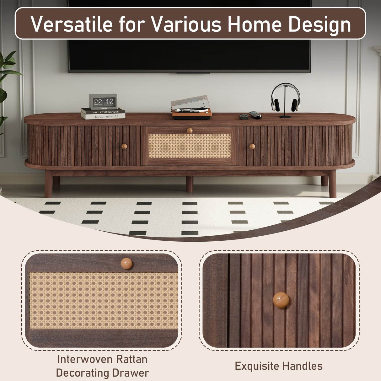 Modern Solid Wood Rattan Media Console TV Stand - Sleep Galleria