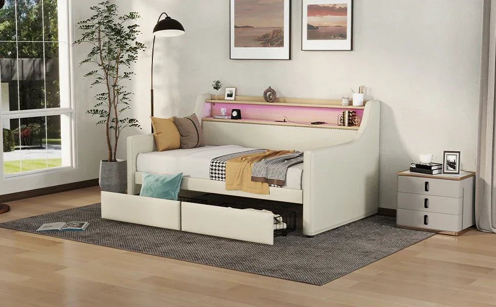 Twin PU Leather Daybed With Storage Drawers Charging Station - Omega Lifestyles