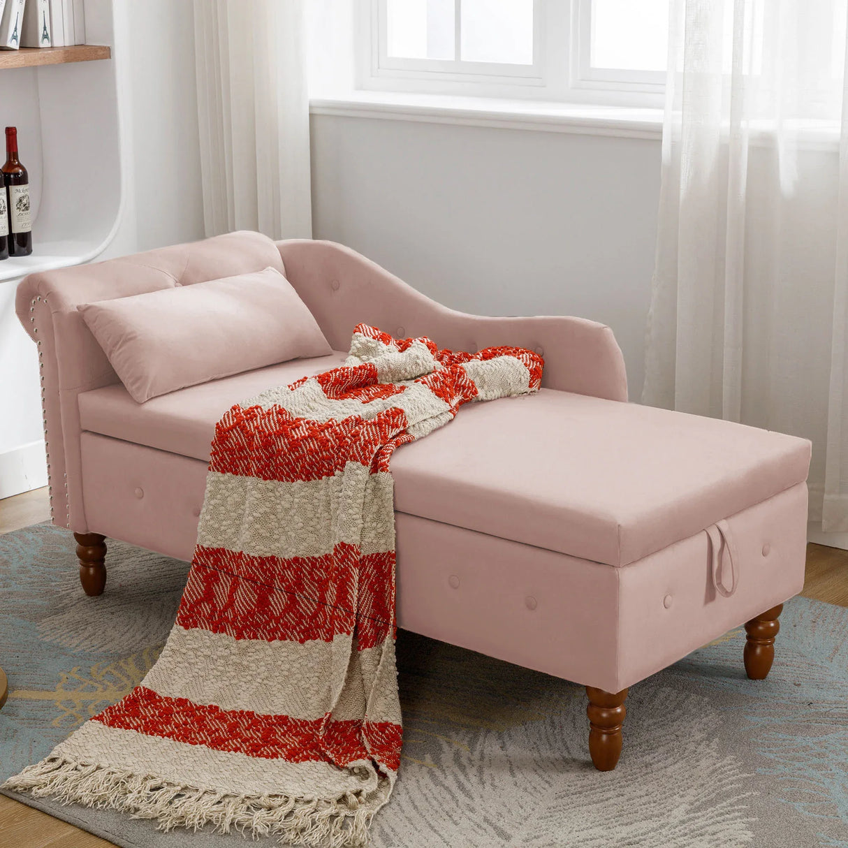 Pink Velvet Storage Chaise Lounge With Pillow - Omega Lifestyles