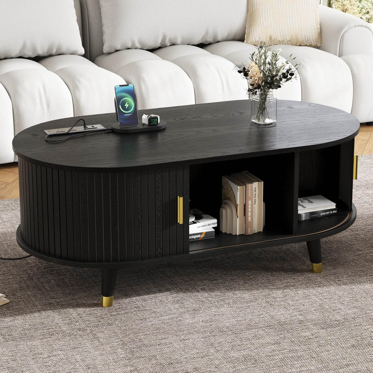 Mid-Century Modern Black Fluted Coffee Table With Charging Station - Sleep Galleria