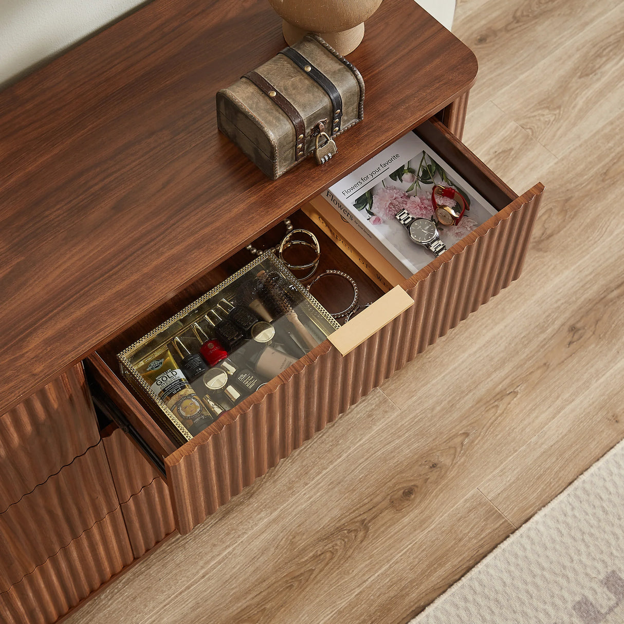 Modern Walnut 6-Drawer Dresser With Wave Design - Omega Lifestyles