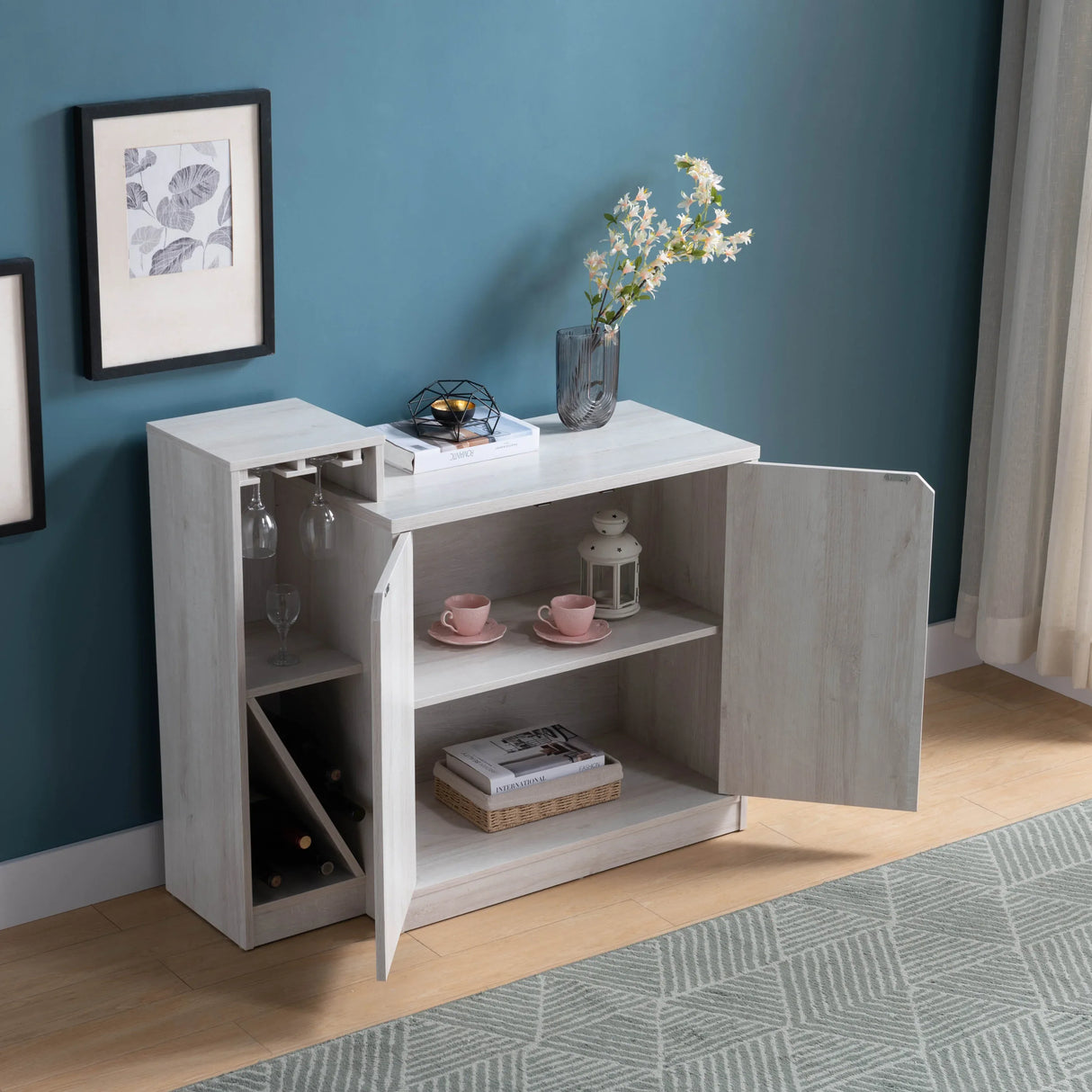 White Oak Two-Door Bar Cabinet With Wine Bottle Rack - Omega Lifestyles