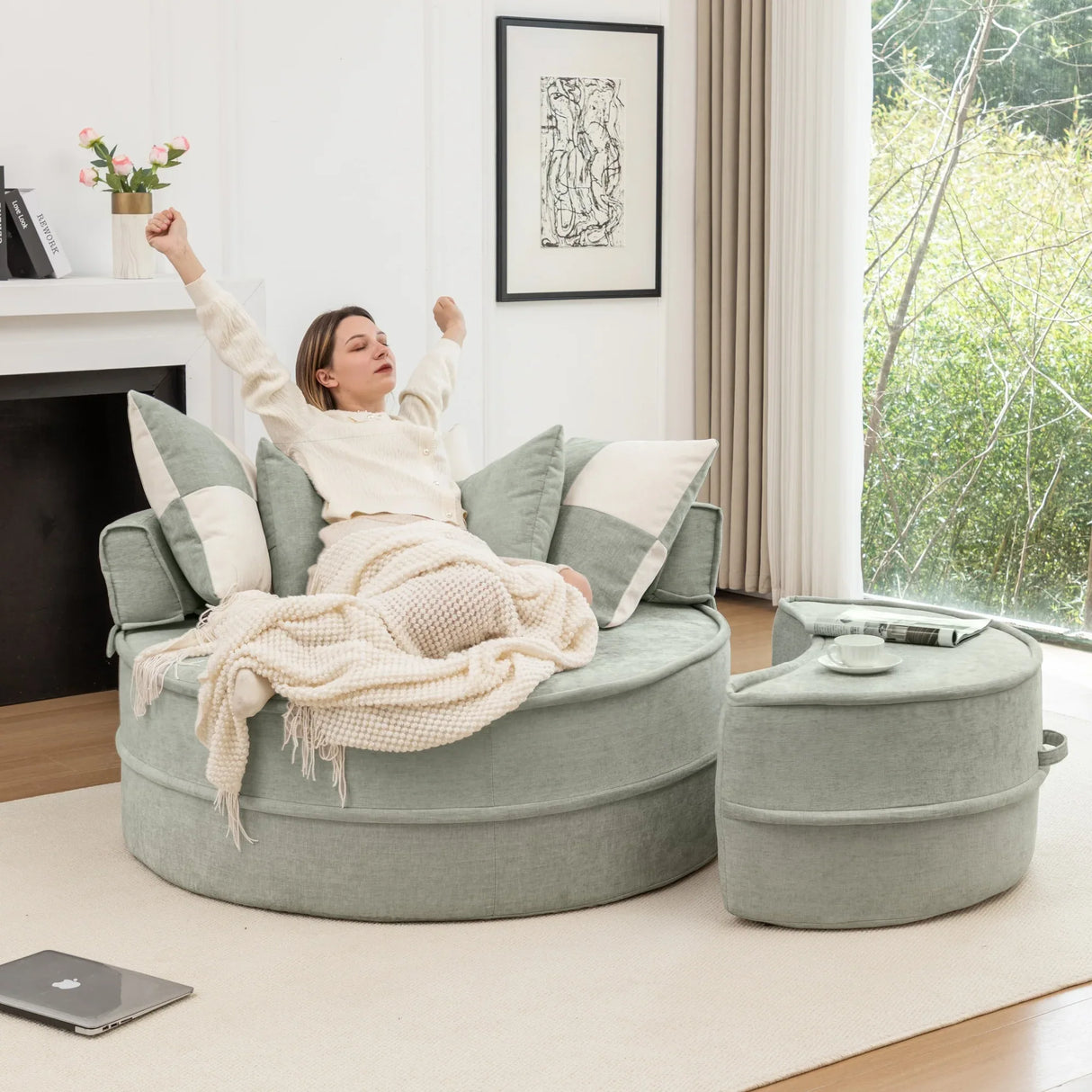 Modern Chenille Upholstered Barrel Accent Chair With Ottoman - Omega Lifestyles