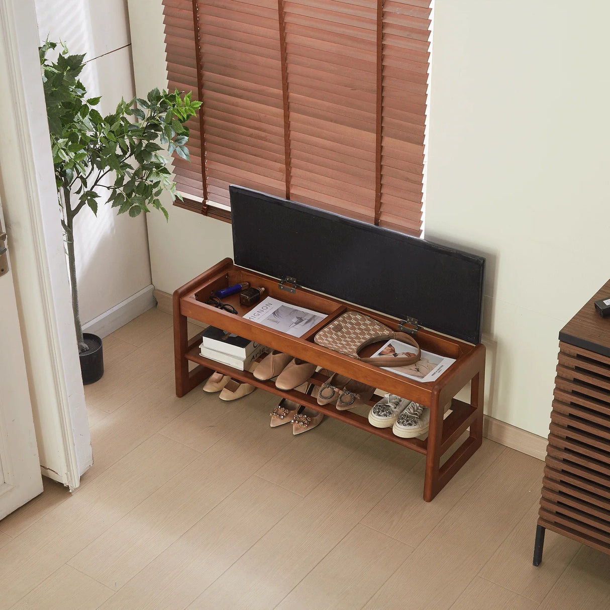 Walnut Rubber Wood Shoe Stool With Flip-Top Storage Bench - Omega Lifestyles