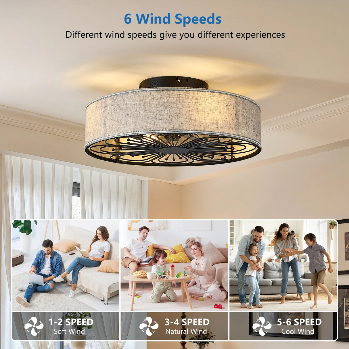 Bohemian Fabric Semi Flush Mount Ceiling Fan With Remote - Omega Lifestyles