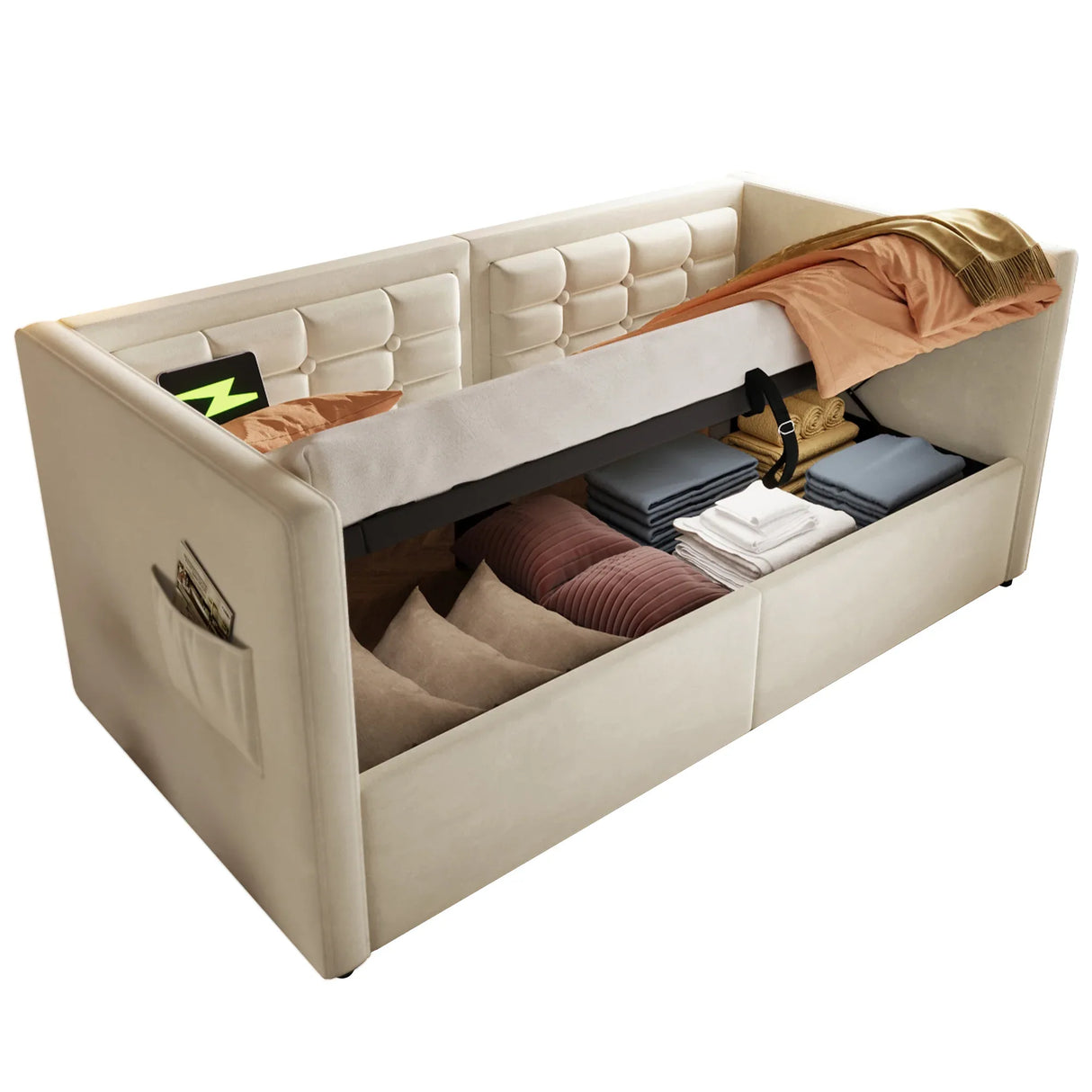 Twin Beige Velvet Upholstered Hydraulic Storage Bed Frame - Omega Lifestyles