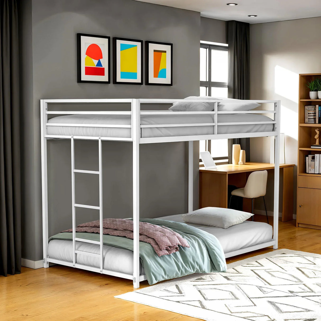 Contemporary Matte White Metal Twin Over Twin Low Bunk Bed - Omega Lifestyles