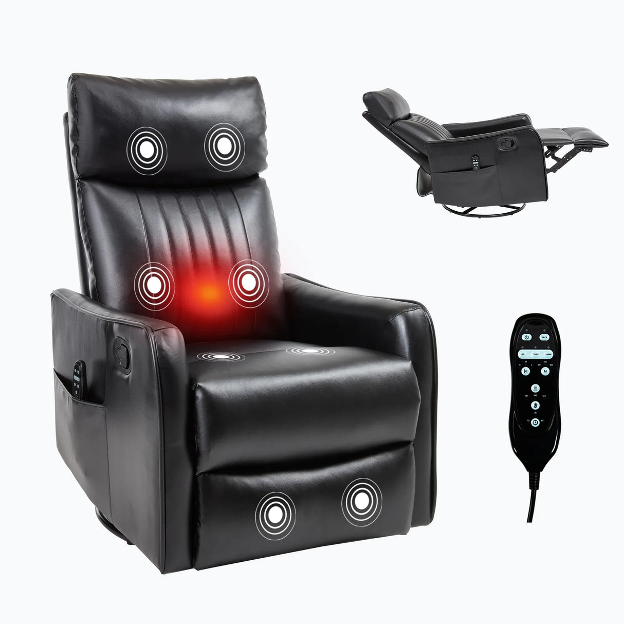 Black Faux Leather Medium-Firm Heat Massage Recliner Chair - Omega Lifestyles