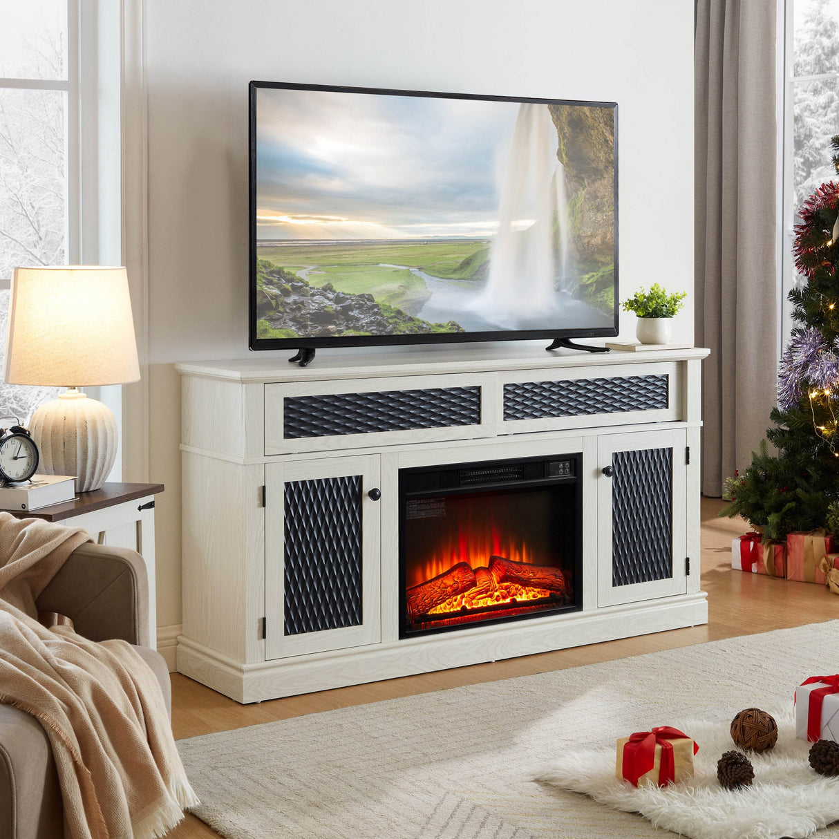 Embossed Oak Fireplace TV Stand With Storage - Sleep Galleria