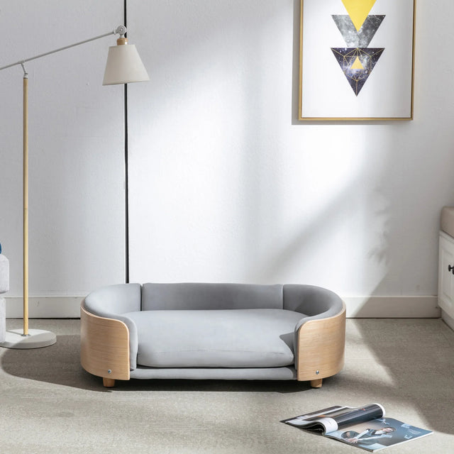 Scandinavian Solid Wood Elevated Pet Sofa Bed With Velvet Cushion - Omega Lifestyles