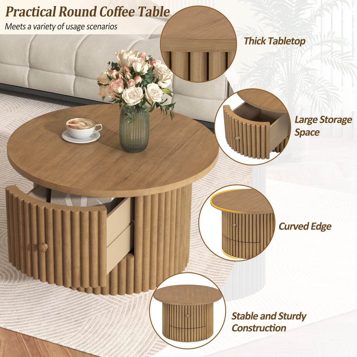 Round Farmhouse Coffee Table With Drawer - Sleep Galleria