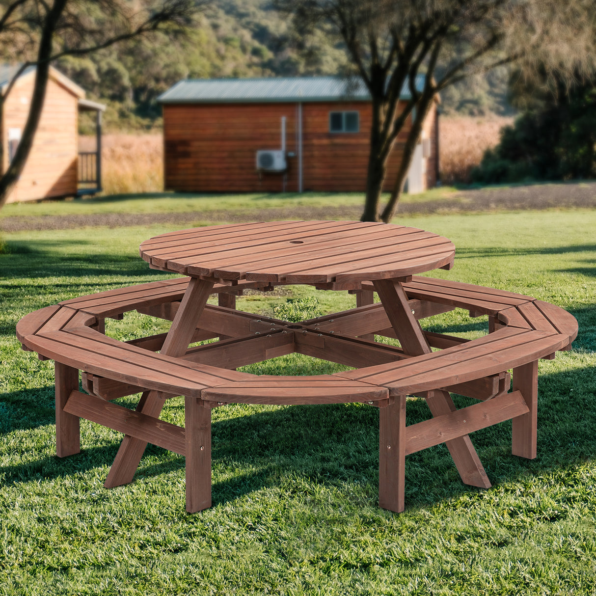 10-12 Person Round Fir Wood Outdoor Picnic Table