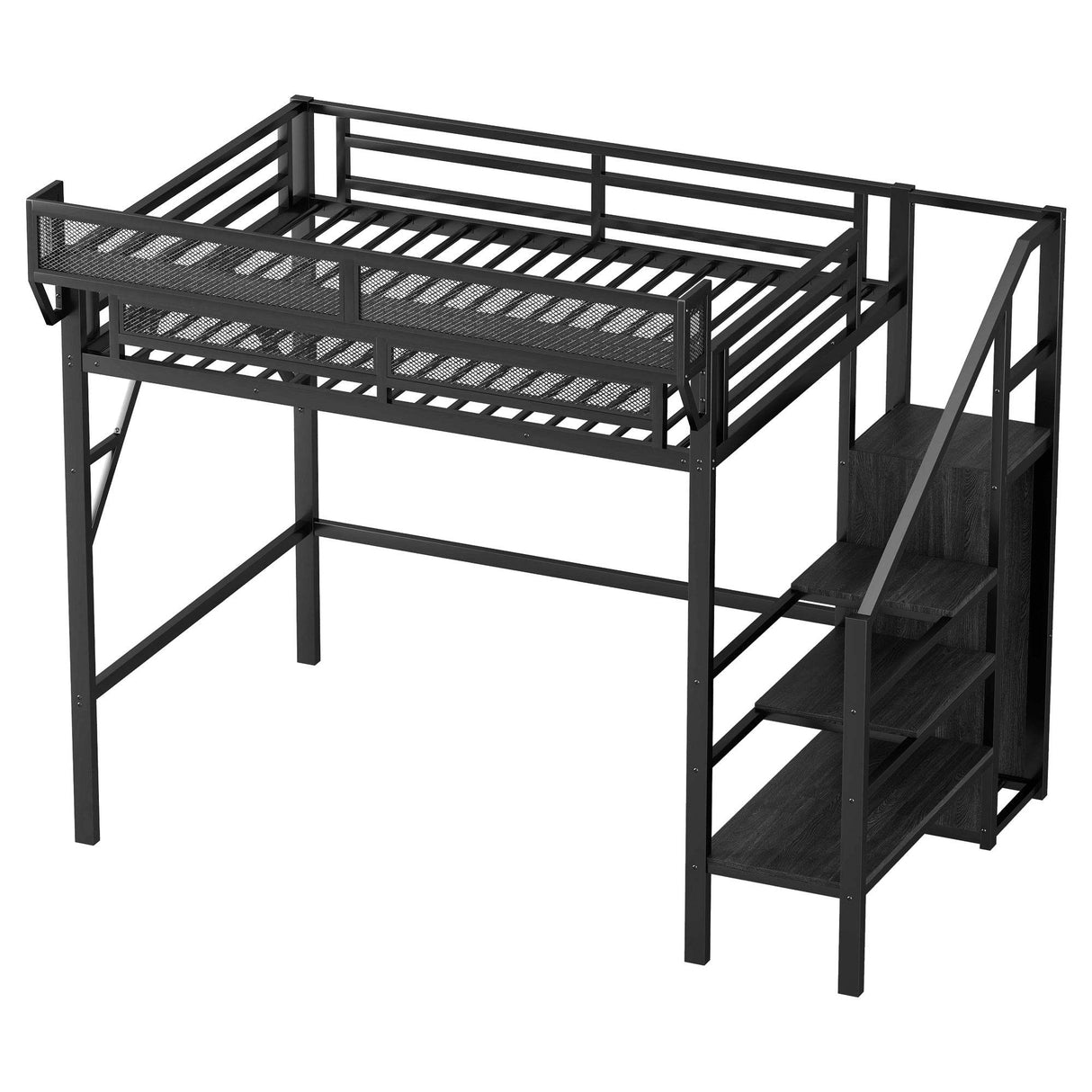 Twin Metal Loft Bed With Stairs Storage Shelves - Omega Lifestyles