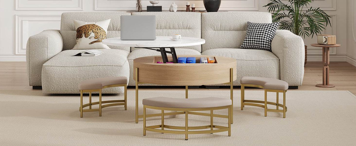 Modern Round Lift-Top Coffee Table With Storage And Ottomans - Sleep Galleria