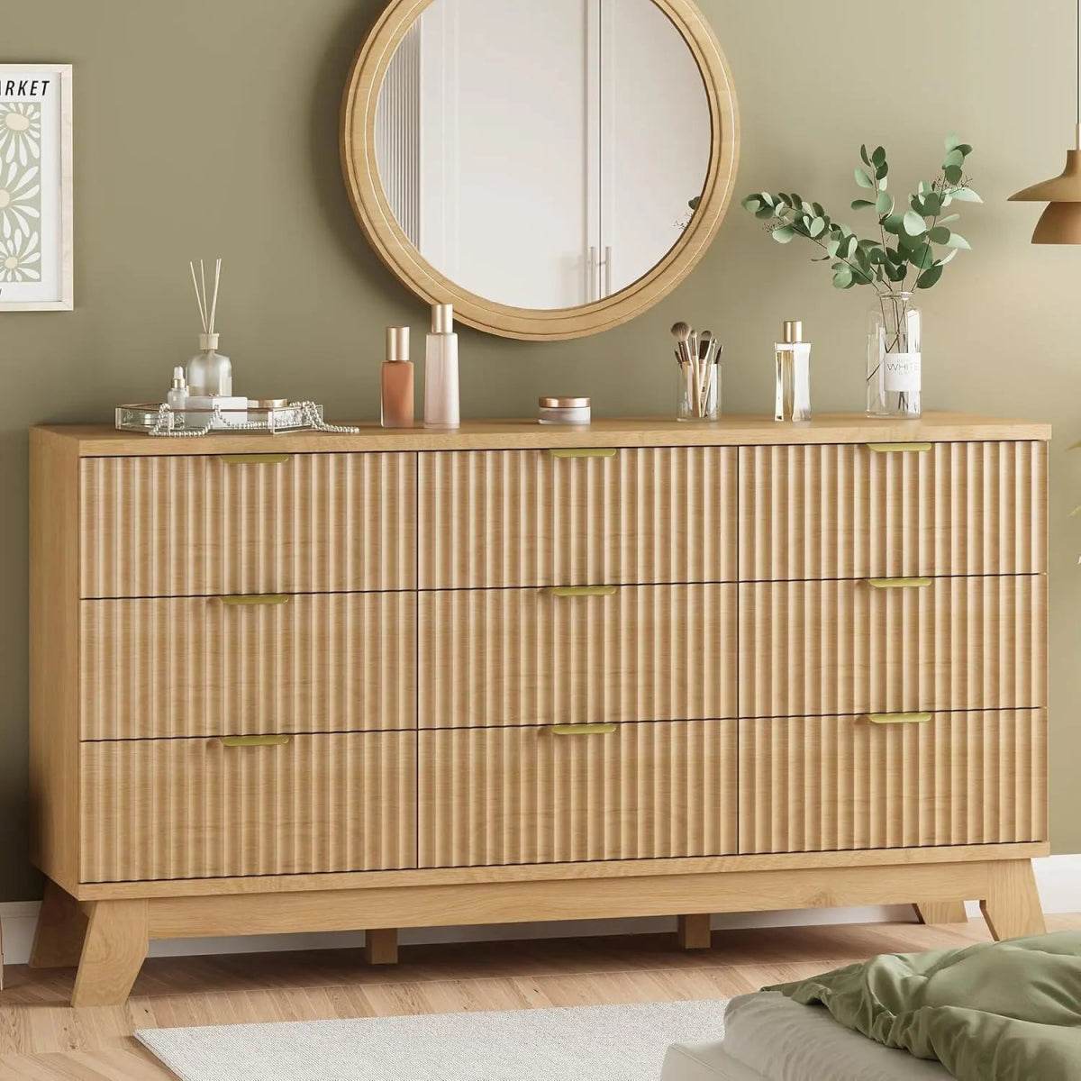 57-Inch Modern Fluted Wood Dresser With 9 Drawers - Omega Lifestyles