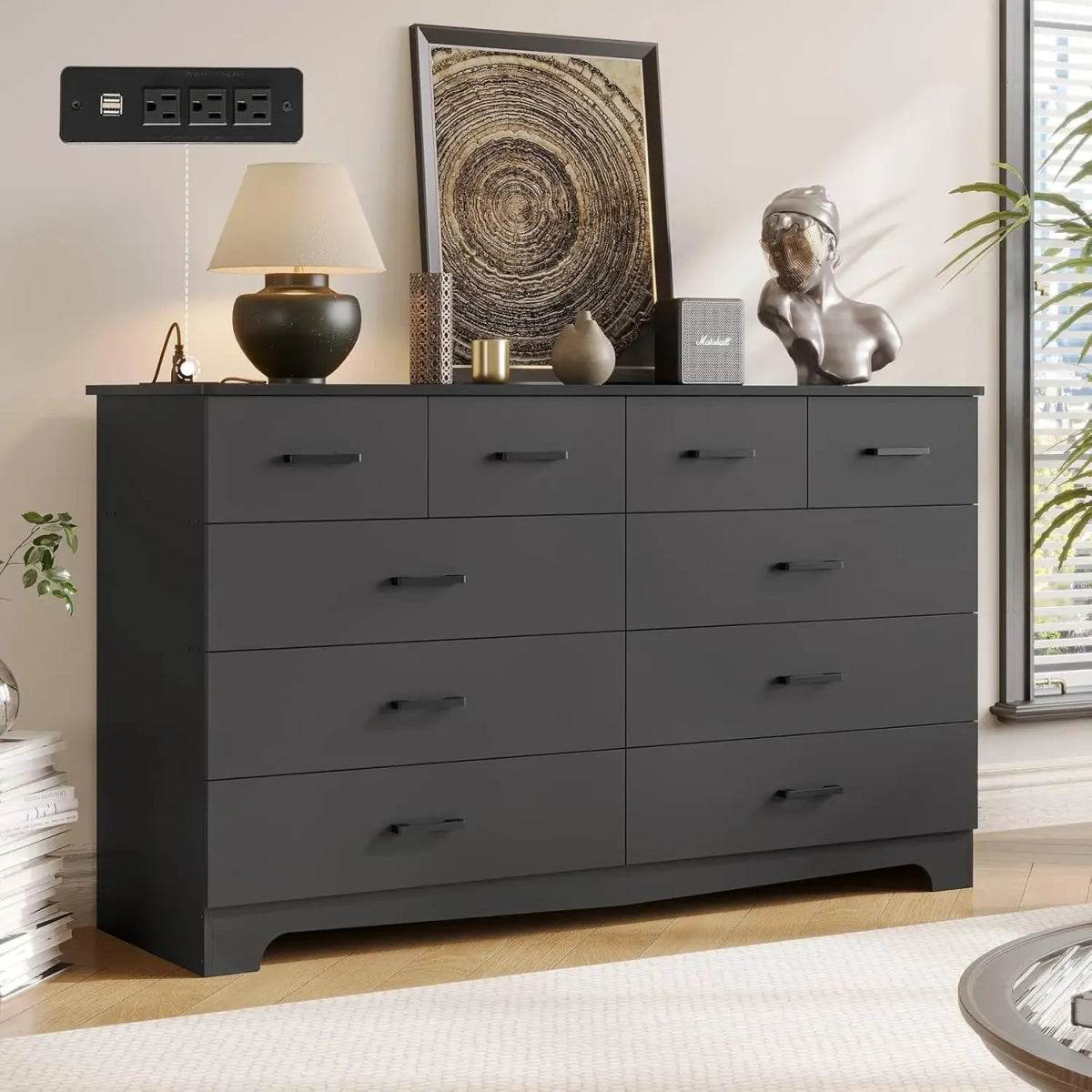 Modern 10-Drawer Engineered Wood Dresser With Charging Station - Omega Lifestyles