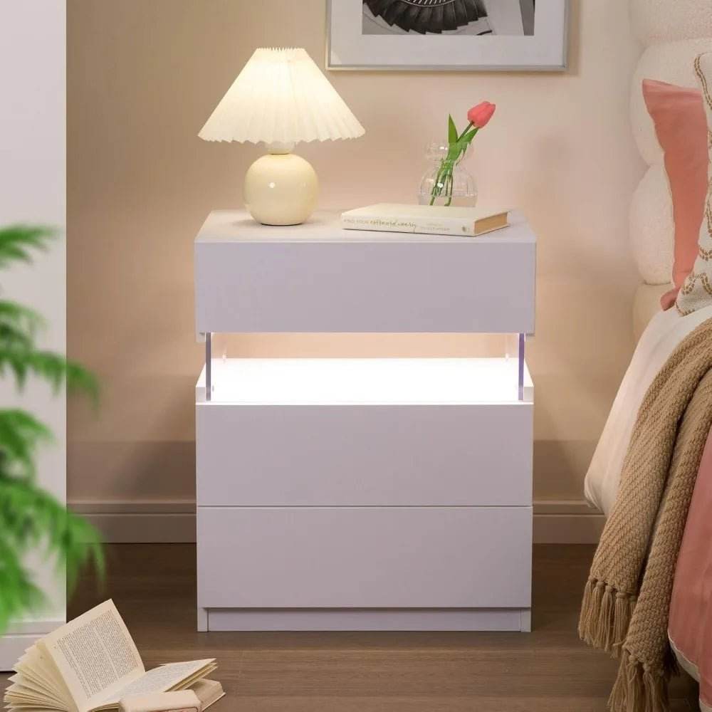 Set Of 2 Modern LED Lighted Nightstands With Storage - Omega Lifestyles