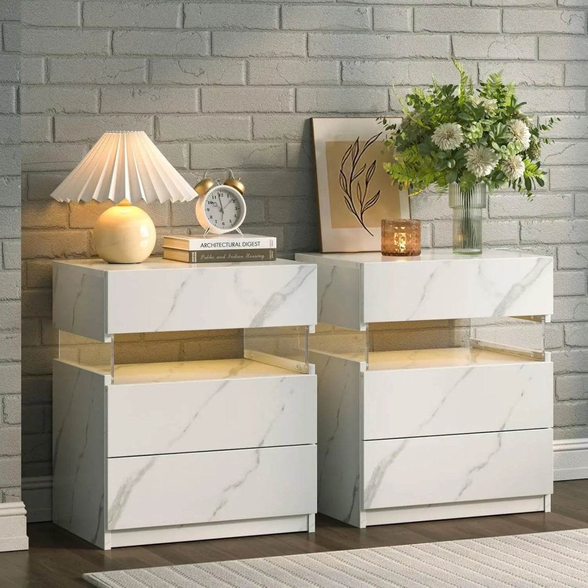 Set Of 2 Modern LED Lighted Nightstands With Storage - Omega Lifestyles