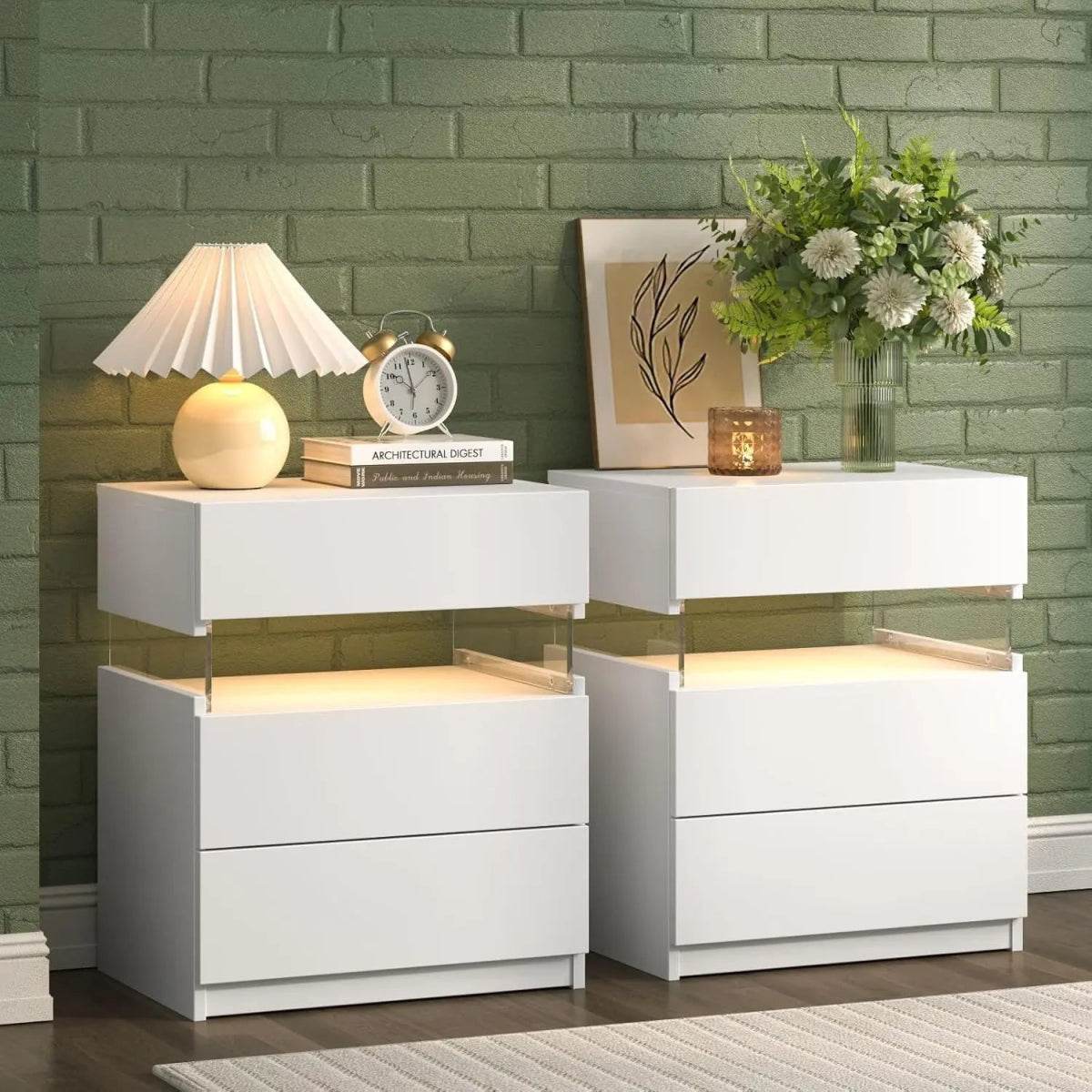 Set Of 2 Modern LED Lighted Nightstands With Storage - Omega Lifestyles