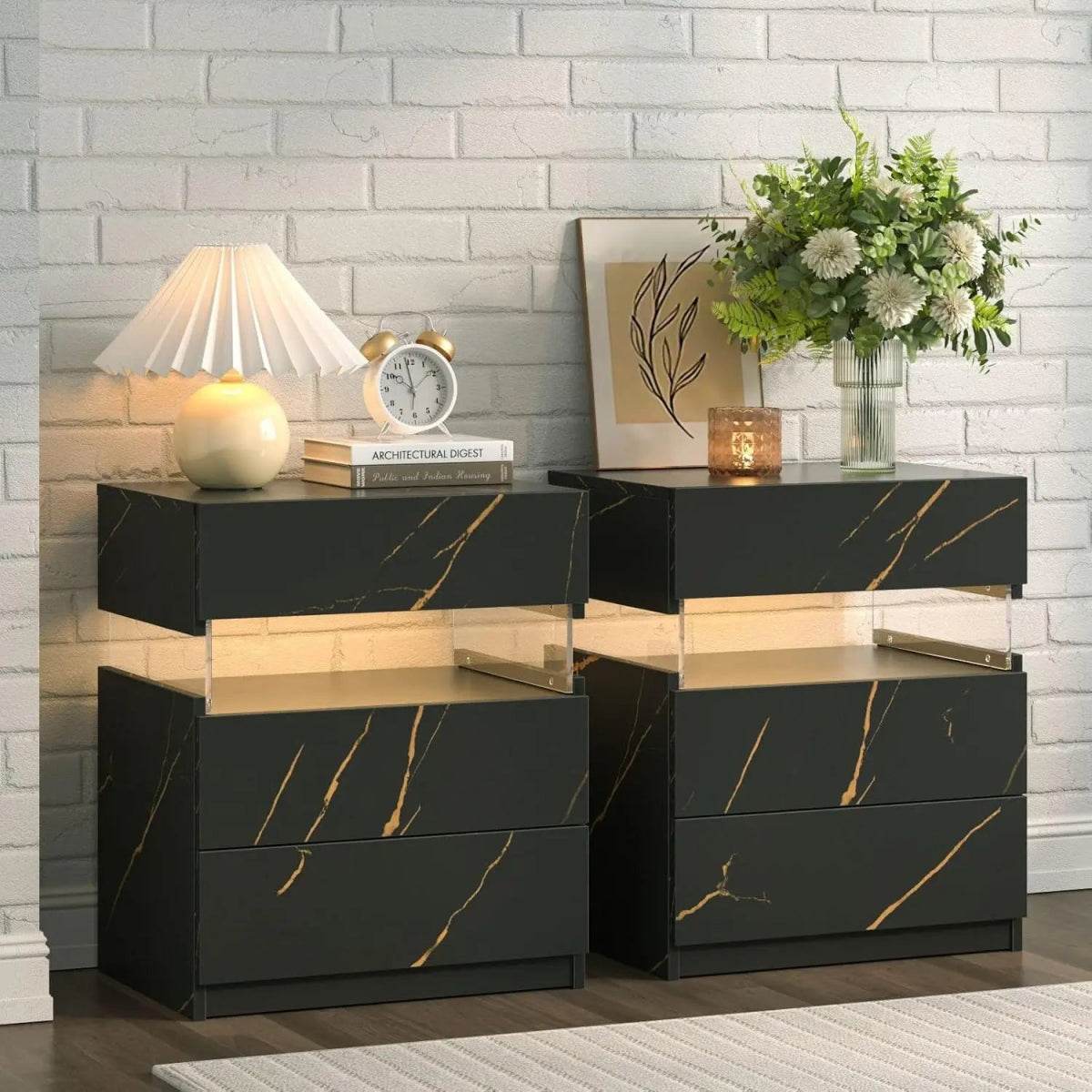 Set Of 2 Modern LED Lighted Nightstands With Storage - Omega Lifestyles