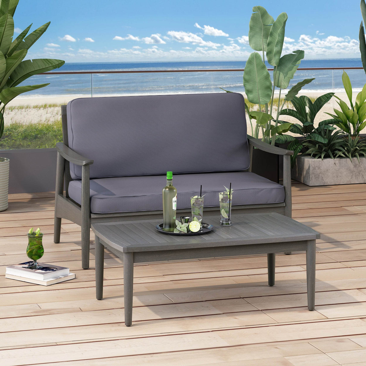 Acacia Wood Patio Loveseat And Coffee Table Set