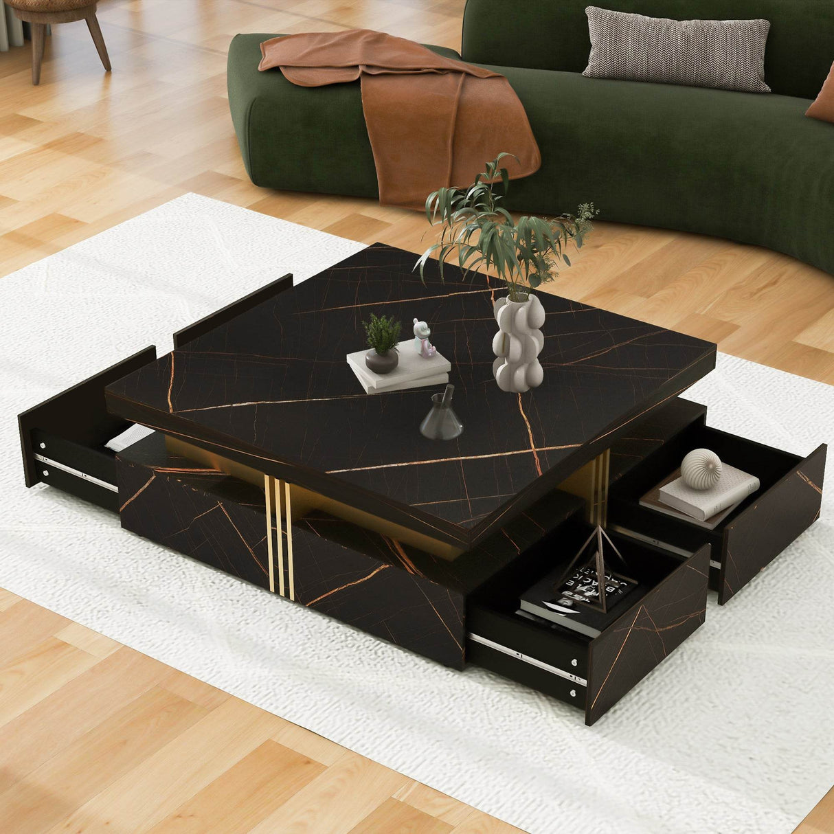 Modern Black Gold Accented Square Coffee Table With Storage - Sleep Galleria