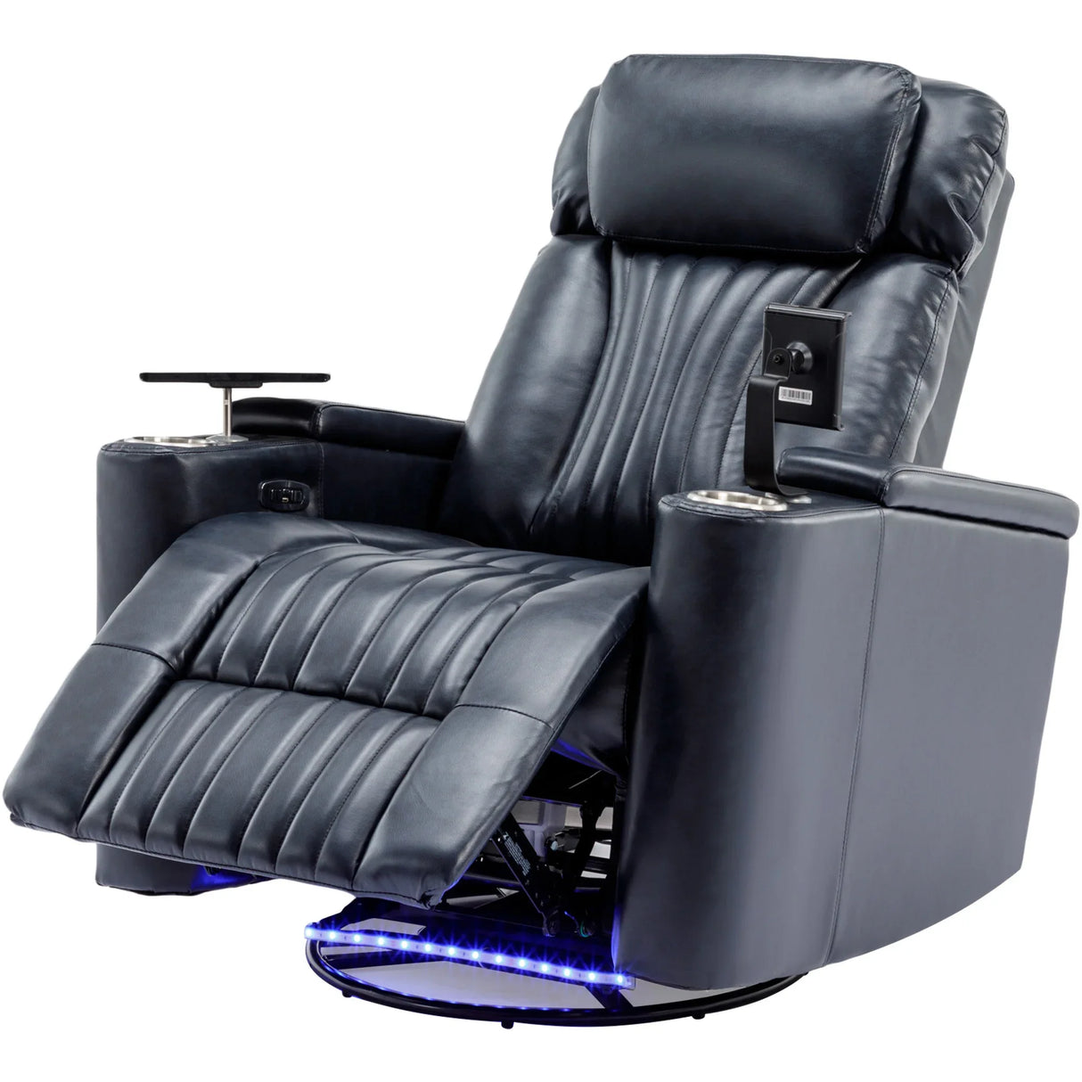 Power Swivel Blue PU Leather Recliner Chair With Tray Table - Omega Lifestyles