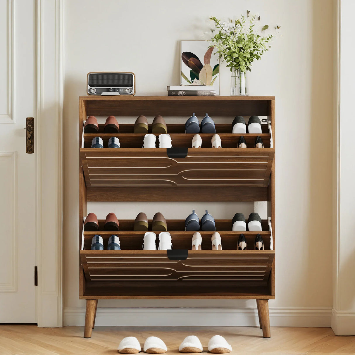 Farmhouse Walnut MDF Shoe Cabinet With Flip Drawers - Omega Lifestyles